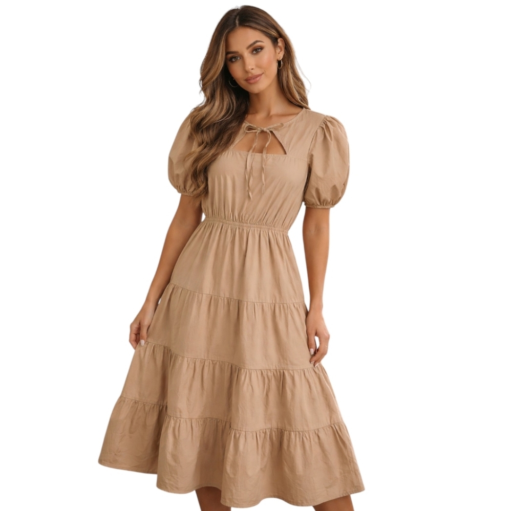 Greylin Poplin Tiered Cotton Midi Dress Camel Women's Small